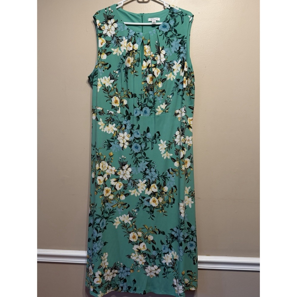 London Style Collection Size 18 Plus Midi Dress Women's Green Blue Floral Print